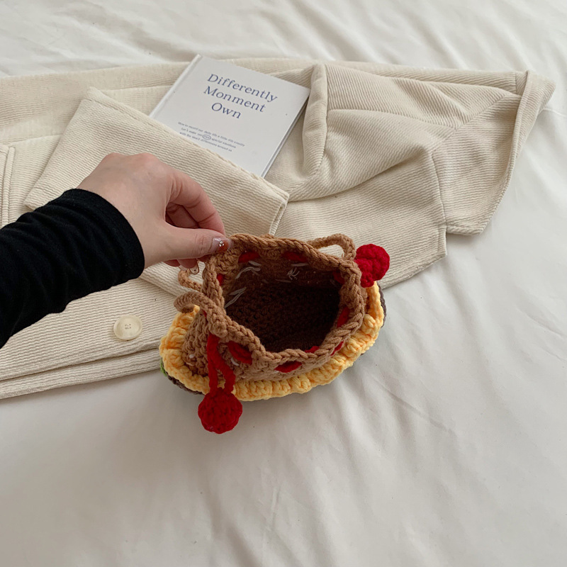 Nuevo terminado lindo hamburguesa cordón bolsa de moda creativa pequeños niños tejidos cubo bolsa de dibujos animados bolsa chica