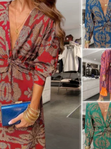 Cross-border Foreign Trade 2024 Amazon Independent Station wish Autumn New Printed V-Neck Medium-length dress Women