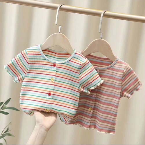Girls' Short-Sleeve T-Shirt Summer Children Striped Fresh Street Style Baby Girls' Short-Sleeve Thin Top