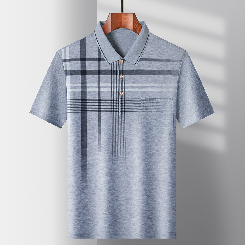 Verano de los hombres nueva camiseta de manga corta rayas verticales hielo seda luz sentido media manga Polo papá desgaste deportes Top ropa de hombre