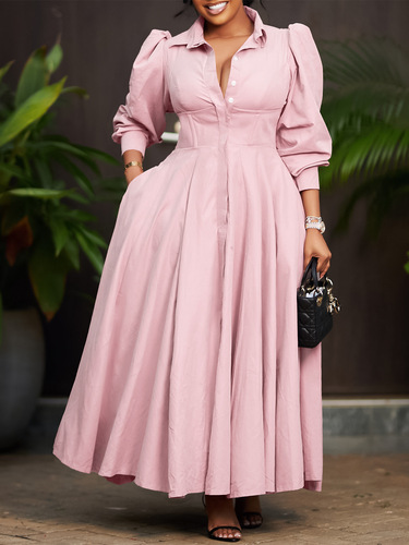 D570 Cross-border Women's Elegant Long-sleeved Large Swing Button-down Dress Top Fashion Solid Color Medium-length African Dress