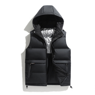 Men's Autumn and Winter Thermal Vest Vest Men's Hooded Loose Pure Color Public Version Vest Jacket Pu Cotton Vest Graphite