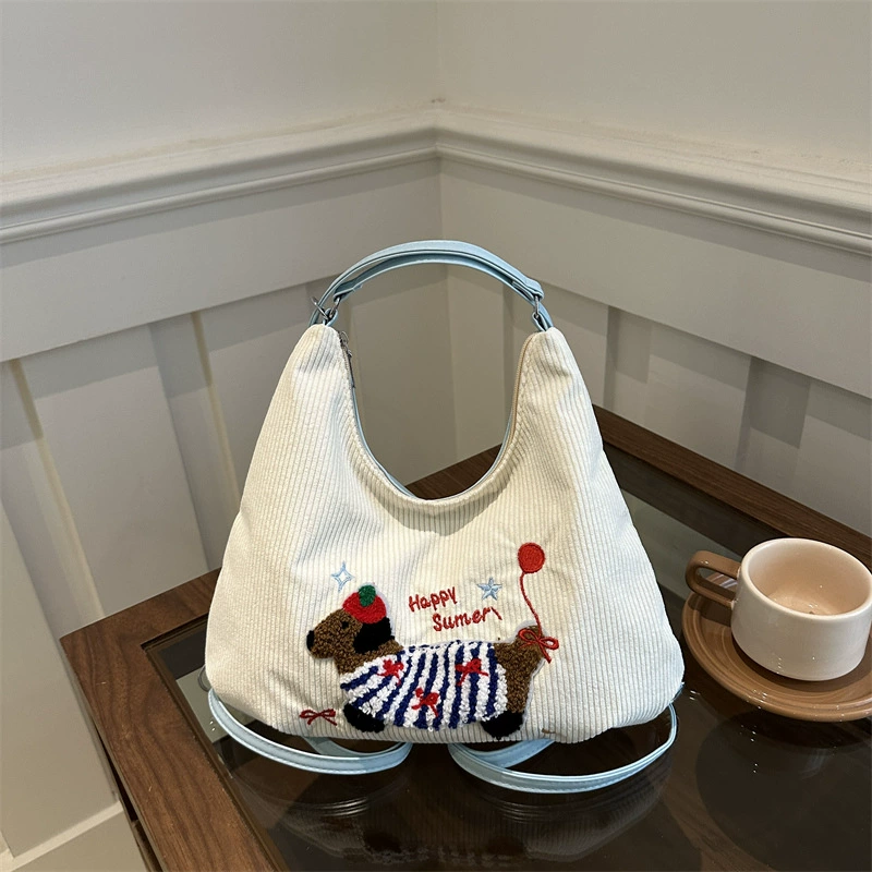 Большая емкость вышитая такса складная сумка через плечо 2024 новый прилив в полоску холст