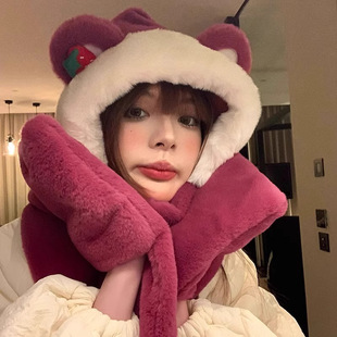 Cross-border autumn and winter hat scarf gloves all-in-one hat new strawberry bear cute warm winter three-piece set