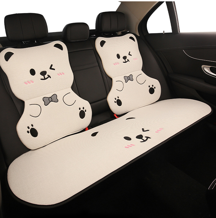 Car Seat Cushion Bear Cartoon Four-Season Universal Non-Slip Anti-Dirt Linen Seat Cover Protective Cover Full-Cover Linen Cartoon
