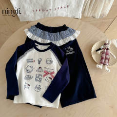 Ningli ガールズ韓国スーツ 25 秋の新多用途プリント長袖レースカジュアルパンツベビーツーピーストレンディセット