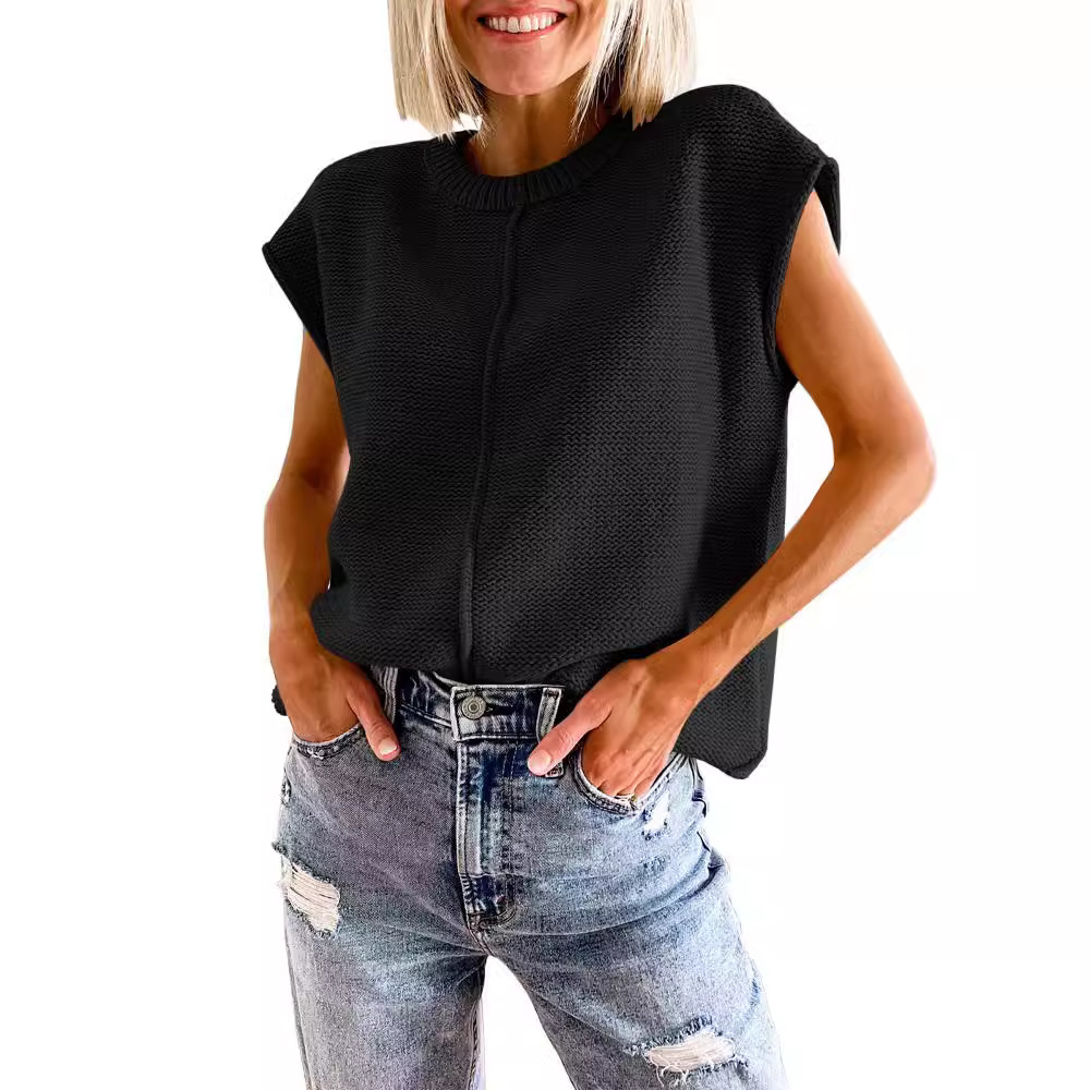 2024 Comercio exterior transfronterizo de Amazon para mujer sin mangas top moda casual cuello redondo suéter de punto suelto mujer