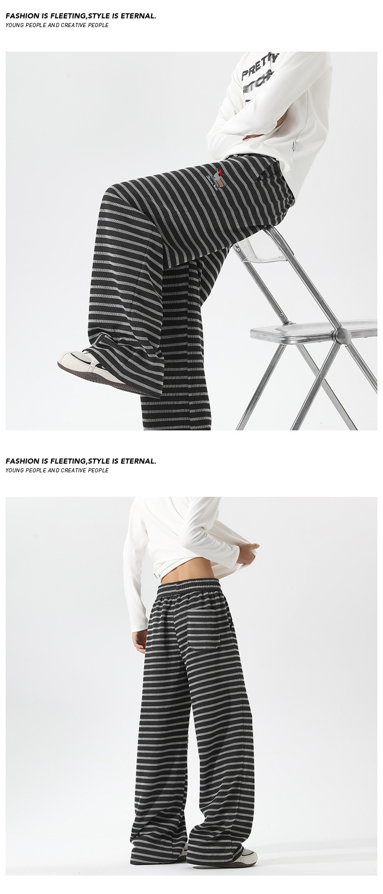 Men's Casual Striped Patchwork Trousers Retro Embroidered Fit_voghion.com
