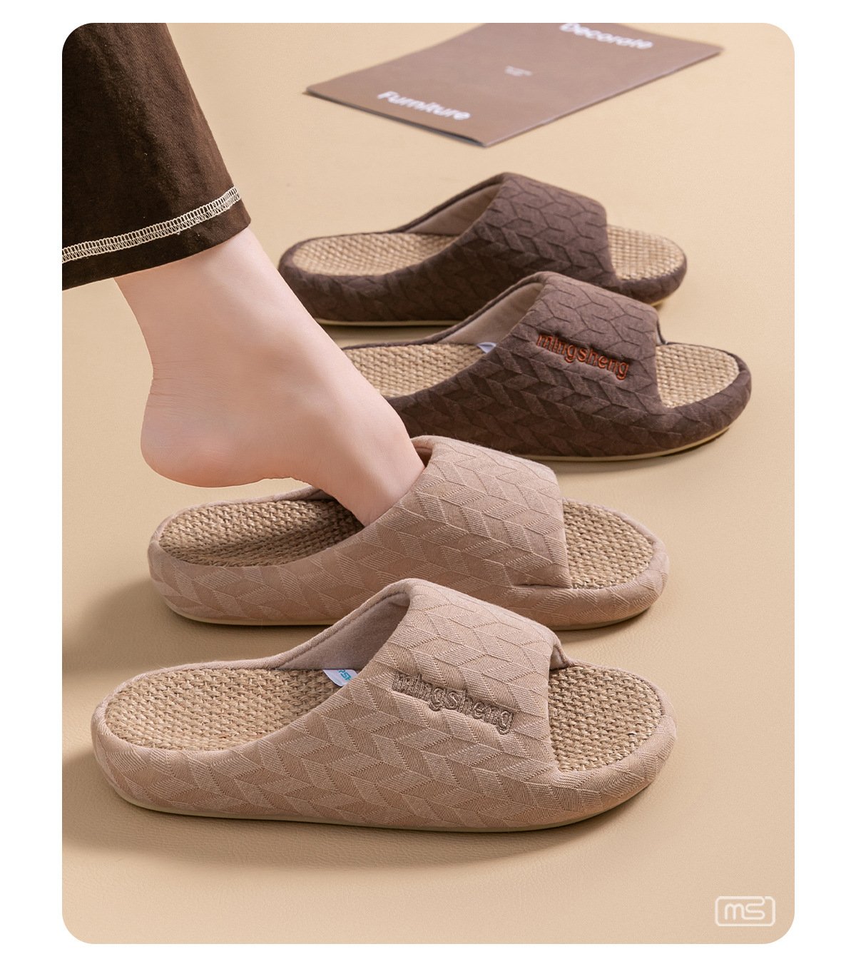 Pantoufles d'intérieur en lin pour femmes, idéales pour toutes les saisons, semelle épaisse, rehaussantes, respirantes et antidérapantes._voghion.com