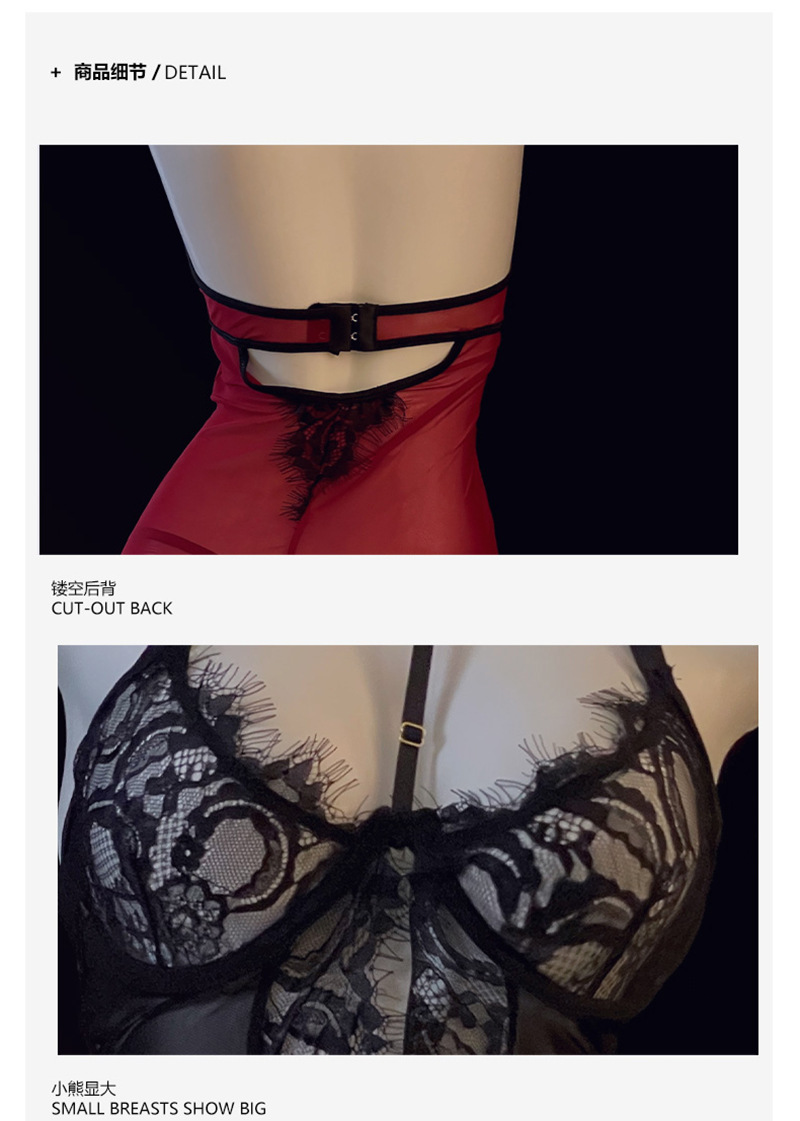 Lace Halterneck Lingerie Set with Underwire, Garters and Stockings, Red Roleplay Costume — detail image 4