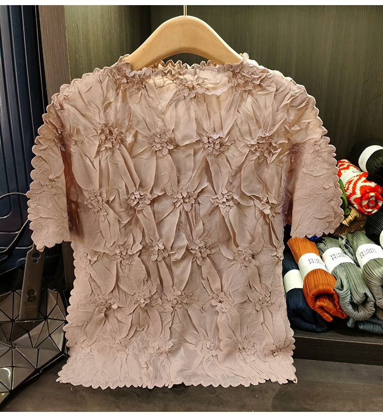 Áo thun nữ tay ngắn cổ tròn chất liệu cotton dập nổi hoa văn nổi cao cấp — Màu đen, Màu đào, Màu trắng, Màu xám chi tiết 19