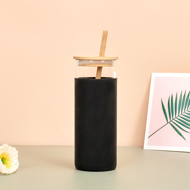 Vaso de vidrio con tapa de madera de bambú transfronterizo ins con pajita, copa de paja de vidrio de borosilicato de aislamiento térmico de una sola capa, patrón impreso