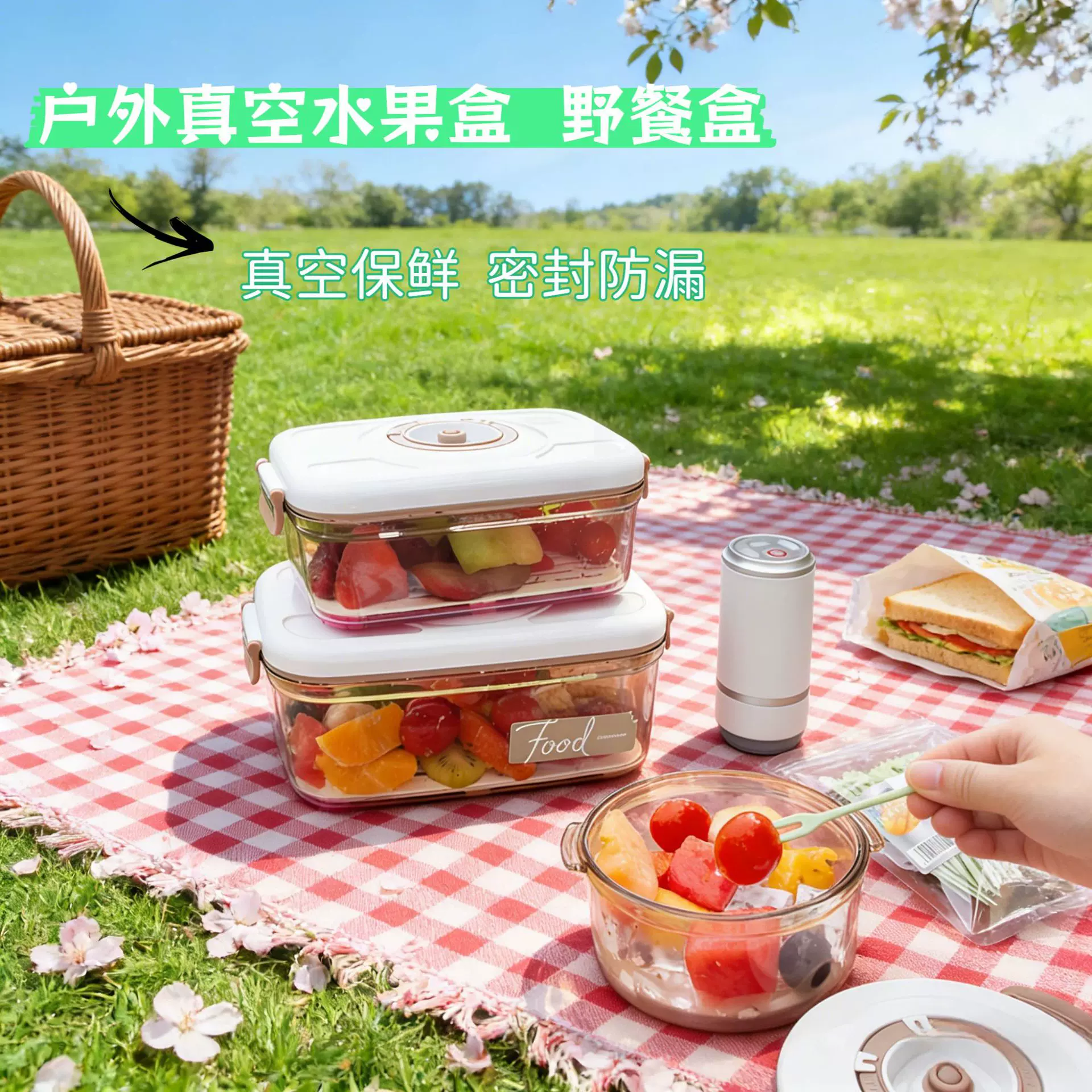 户外野餐真空食品水果保鲜盒密封罐便携沥水储物盒水果叉套装