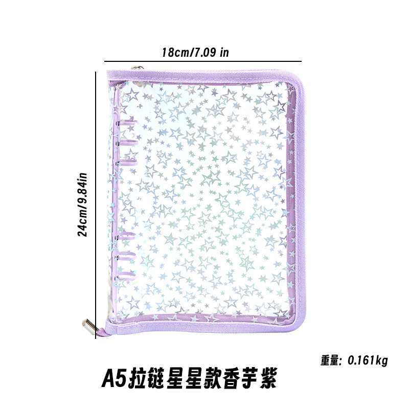 Corea del Sur De allí plana transparente brillo de la cremallera de 6 agujeros de hojas sueltas cuaderno ins estrella persiguiendo Diario A5A6
