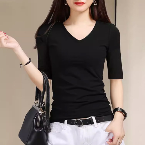 Women's 2025 Plain Color Five-Button Sleeve V-Neck T-Shirt, Slim Fit Black Base Shirt for Spring and Autumn Outfit
