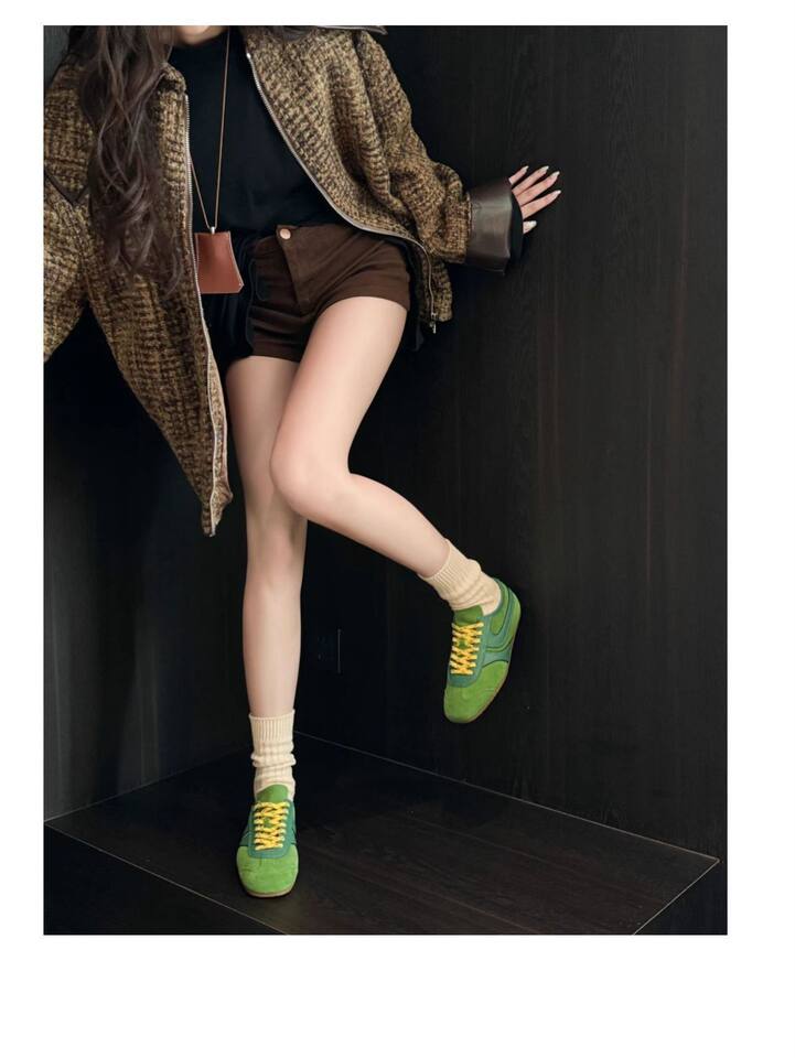 Giày sneaker nữ da thật cổ thấp dáng cổ điển buộc dây phối màu — Bạc, màu nâu, màu xanh lá cây, màu đỏ chi tiết 16