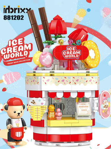 881201-401 Teddy Bear Macaron Strawberry Ice Cream Shop — Autumn Camping Food, Trendy Toys, and Building Blocks