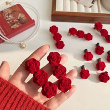 红色植绒玫瑰花发夹女侧边夹刘海夹一字夹甜美百搭边夹鸭嘴夹发卡