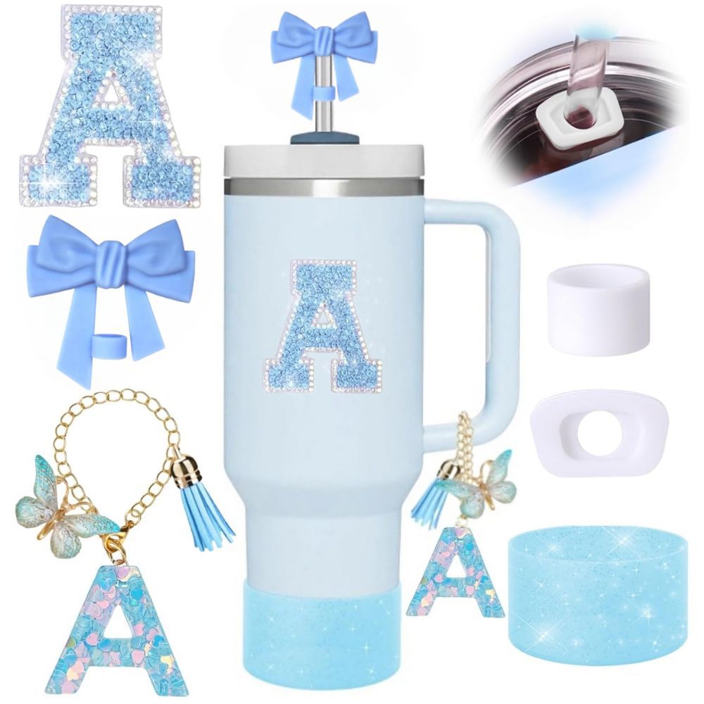 Stanley杯饰套装26个英文字母蓝色斯坦利杯配件套装蝴蝶结吸管帽