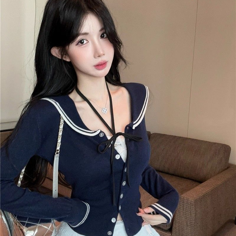 [Icy Silk Wash] College Style Navy Collar Sweater Women's Autumn and Winter Pure Desire V-Neck Top Bottoming Cardigan Wool