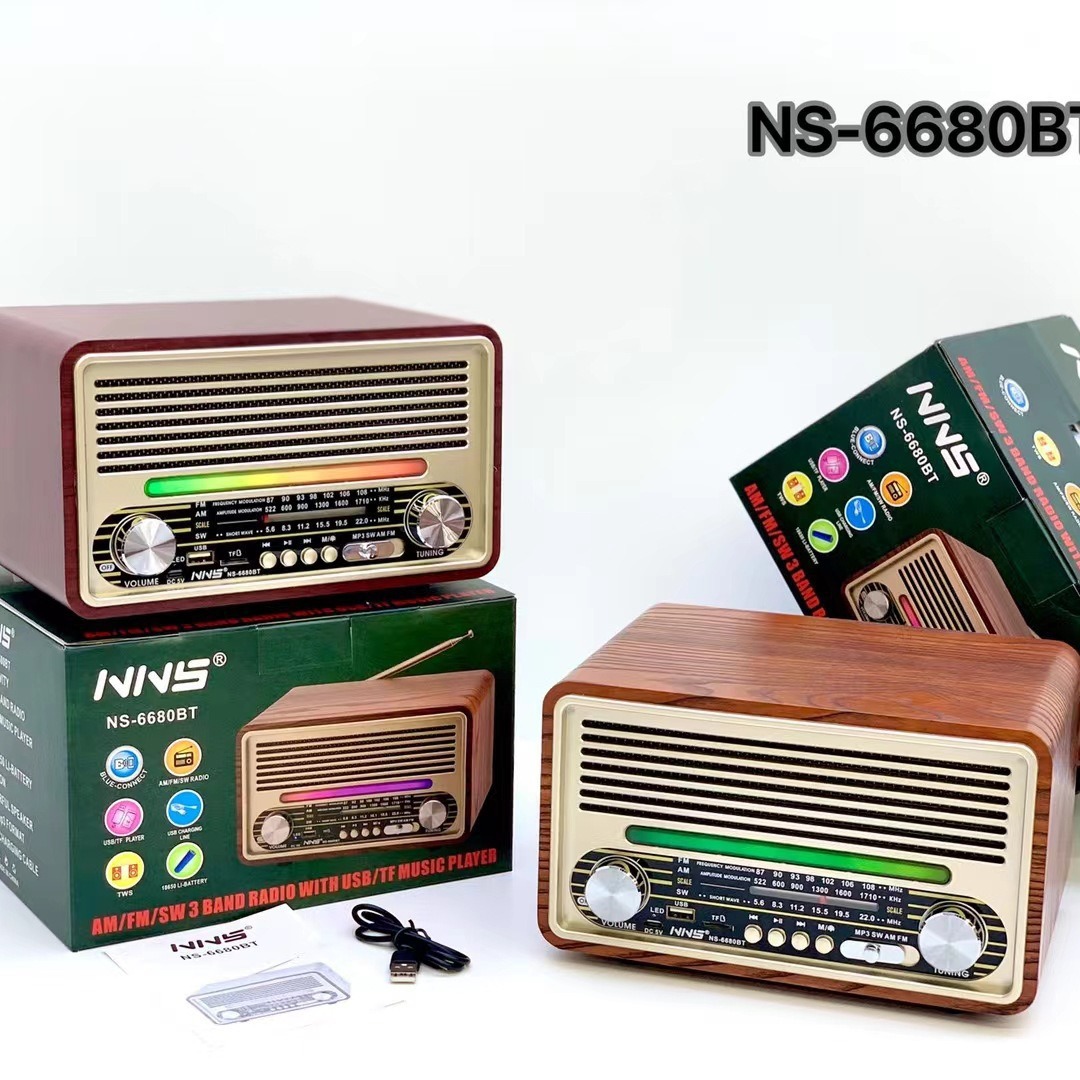 NS-6680BT复古木质古典蓝牙音箱家用收音机低音炮插卡音响彩灯
