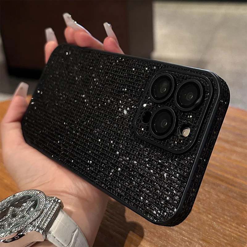 Flash Diamond Black Suitable for Apple 16 Mobile Phone Case Iphone15Pro Classy 14 Women 13 Accessible Luxury 12/11 Lens Film