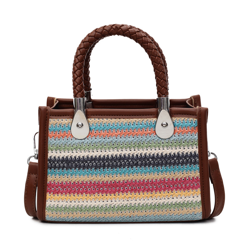 Bolso Tote popular de este año, nuevo bolso de verano 2025, bolso de hombro de color de contraste tejido de paja, bolso de mensajero retro para mujer
