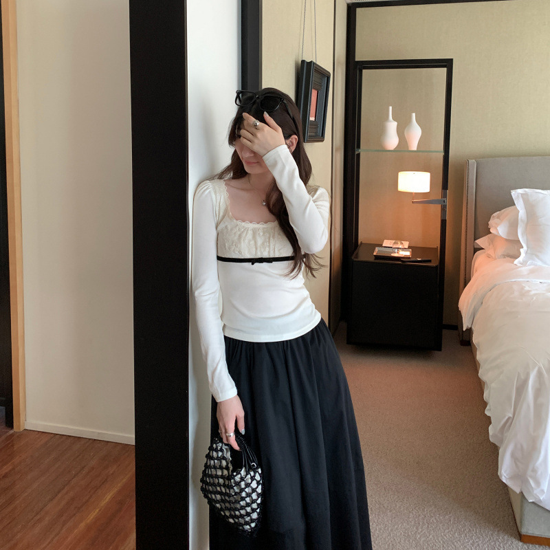 韩系chic别致蕾丝拼接方领纯欲长袖T恤女2025春秋季新款修身上衣|undefined