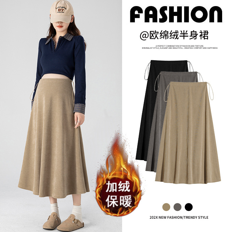 2025 Autumn and Winter Outer Wear for Pregnant Women, Velvet Thickeneded Skirt, New Maternity Wear, No Support Belly Drawstring Adjustable Pleated Skirt