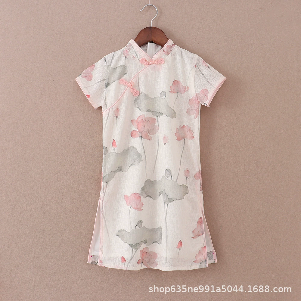 Шифоновое платье для девочек, летняя стильная детская одежда, платье принцессы, летнее платье Cheongsam с росписью тушью в китайском стиле династии Хань