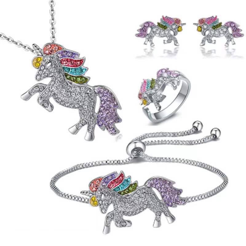Zibi Amazon nuevo unicornio pony anillo pulsera collar pendientes colorido pony traje al por mayor