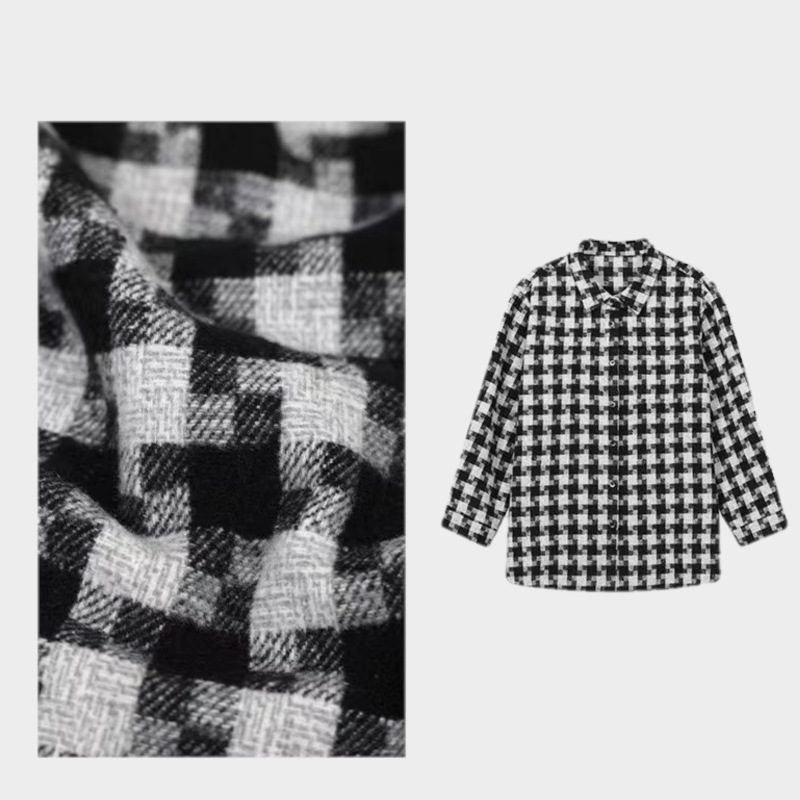 秋冬女千鸟格毛呢外套轻奢休闲羊毛棉毛呢衬衫长袖女上衣FSY50974