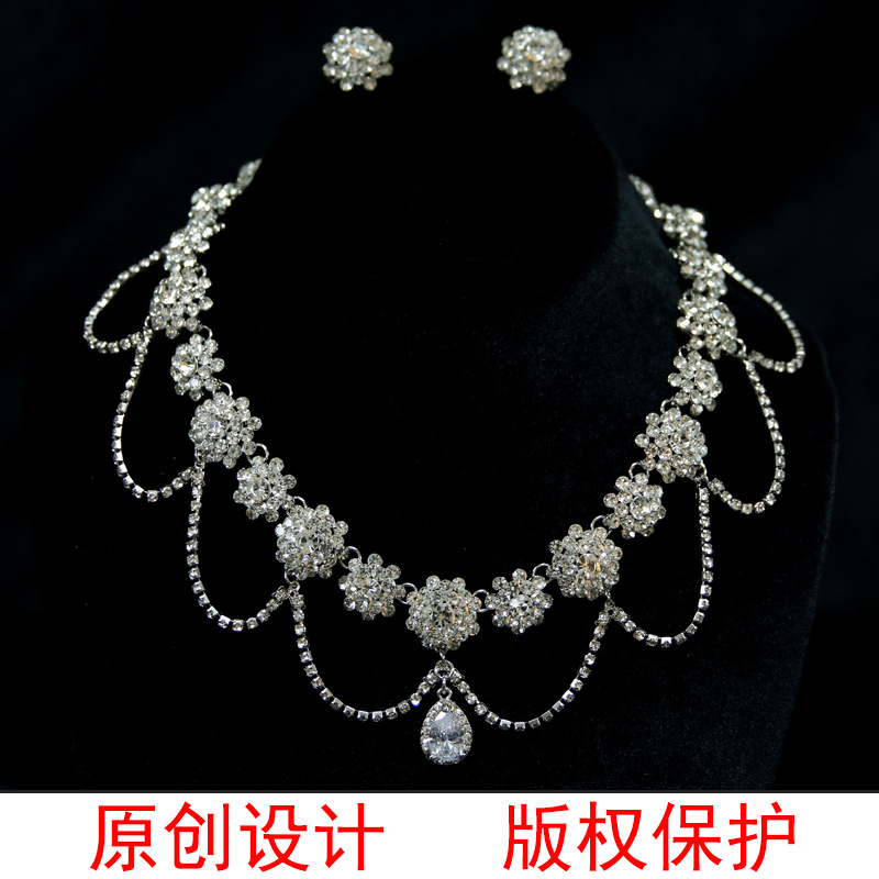 Korean-Style Sparkling Starry Flower Necklace and Earrings Set, Simple Bridal Wedding Dress Accessories, Banquet Jewelry