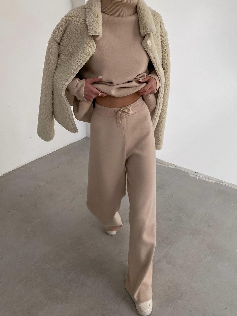 Women's Clothing long sleeved brown temperament wide leg pants fashionable loose high necked casual two piece sweatshirt_voghion.com