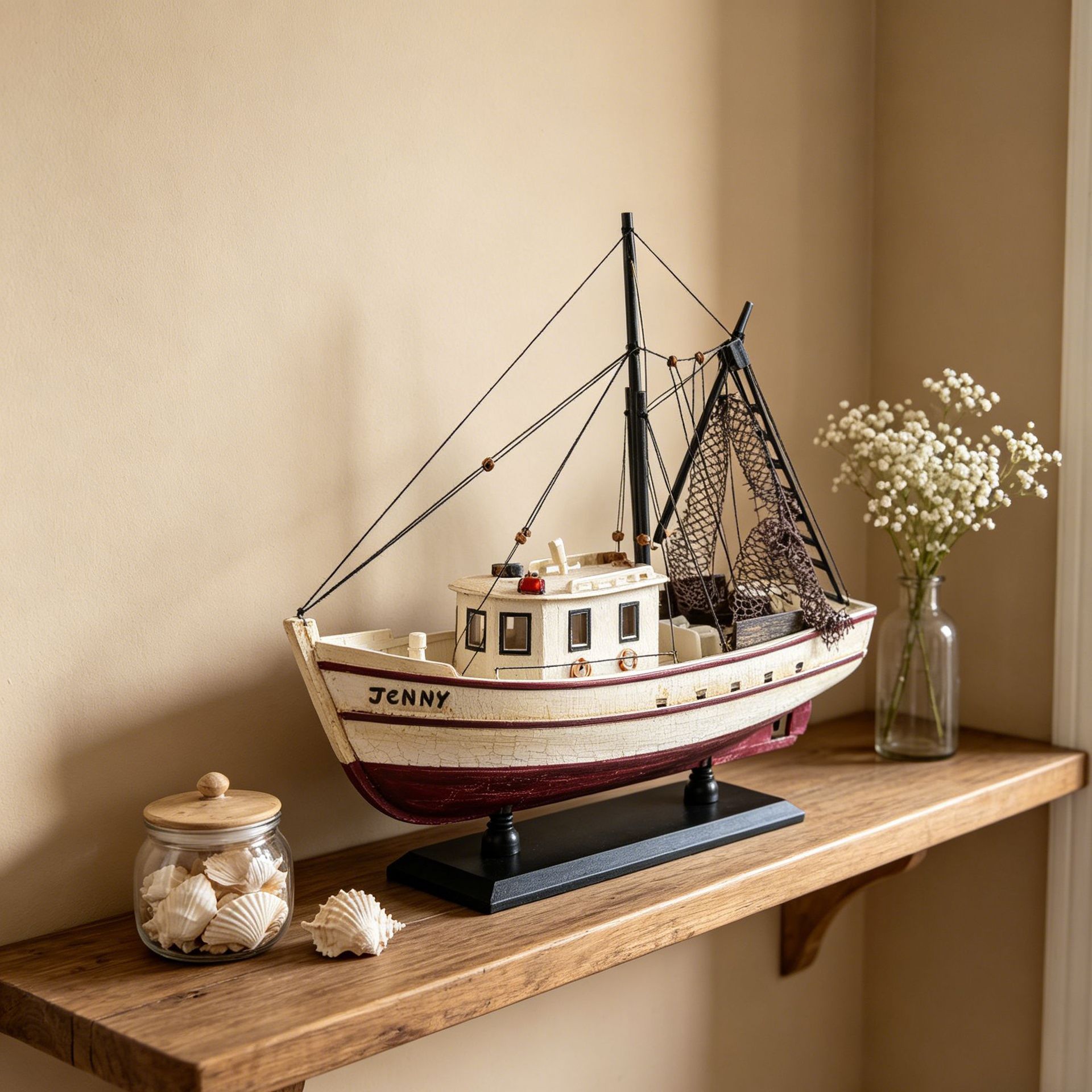 Jenny modelo de barco de pesca nostálgico hecho a mano de madera sólida hace viejos decorados de escritorio creativos para el hogar regalo barco artesanal