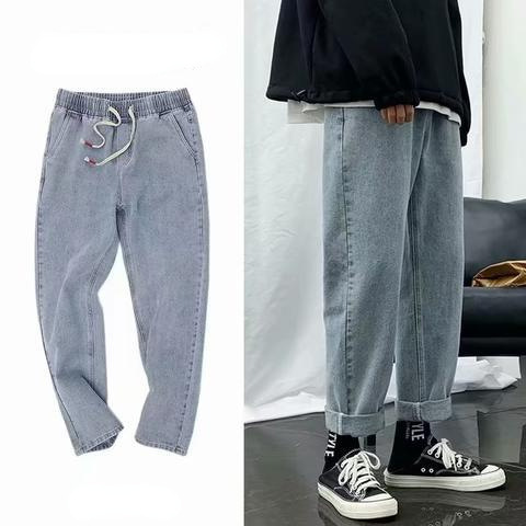 Spring and Autumn wide-leg straight jeans men's fashion brand loose casual lace trousers men's students Korean style all-match pants fashion