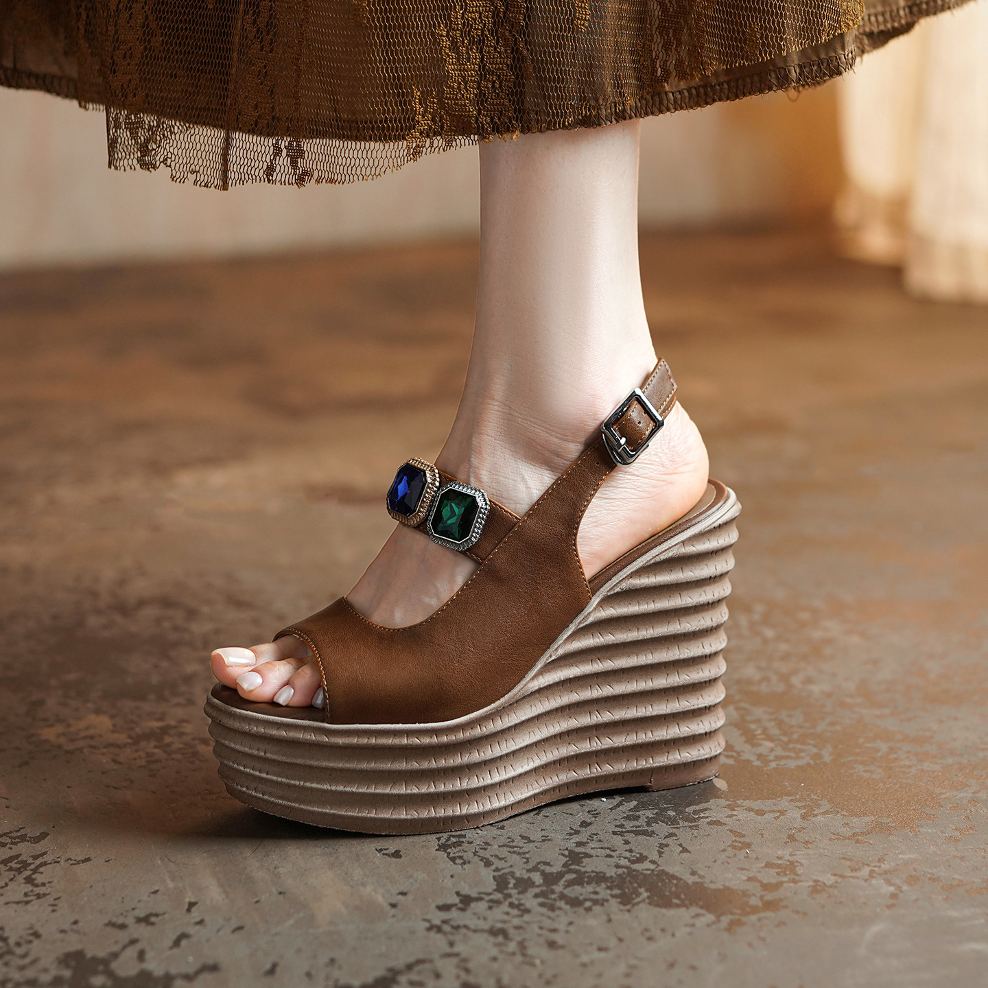Sandal cao gót nữ hở mũi đế xuồng 12 cm, phối đá màu thời trang — màu nâu, màu mơ