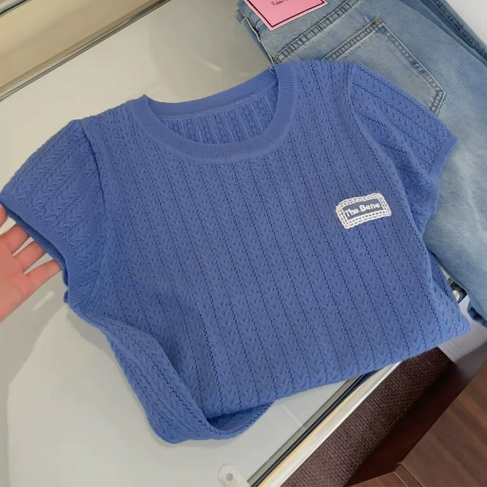 2025 новый летний стиль молочно-белая вязаная футболка с коротким рукавом из ледяного шелка для женщин, легкий шик в корейском стиле