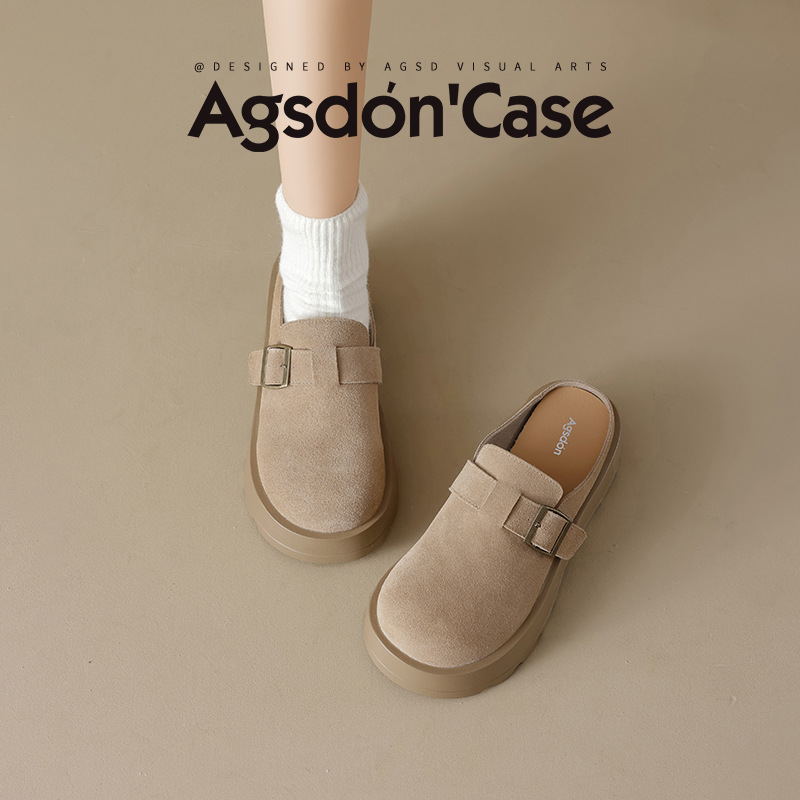 Augu Shi Deng grueso botellas de botellas de botellas para mujeres 2026 nuevo estilo de primavera con cabeza de bolsillo y medio trapezo con zapatillas de pedazo de lana