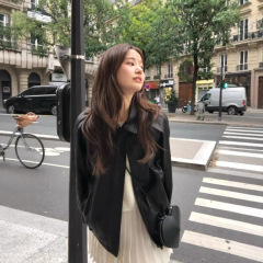 现 韩国东大门ounce立领皮衣口袋简约高级感复古拉链皮衣夹克外套