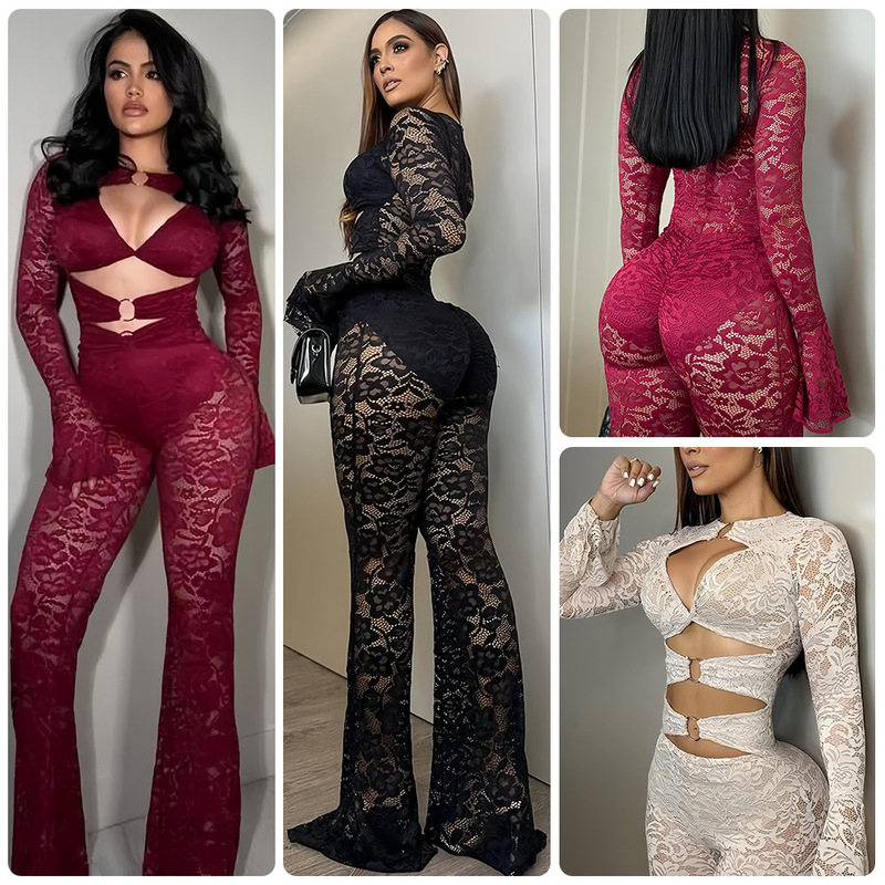 Cross-Border 2025 Sexy Deep V Ring-Tie Bell-Sleeve Tight-Fitting Nightclub Party Jumpsuit Set
