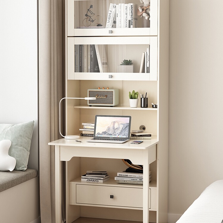 Folding Desk Bookshelf Integrated Bedroom Conjoined Desk Cabinet Home Student Cream White Computer Desk Bookcase Combination