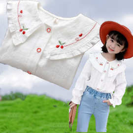 纯棉女童白衬衫宝宝春装上衣女孩娃娃领春秋中小儿童白色衬衣长袖