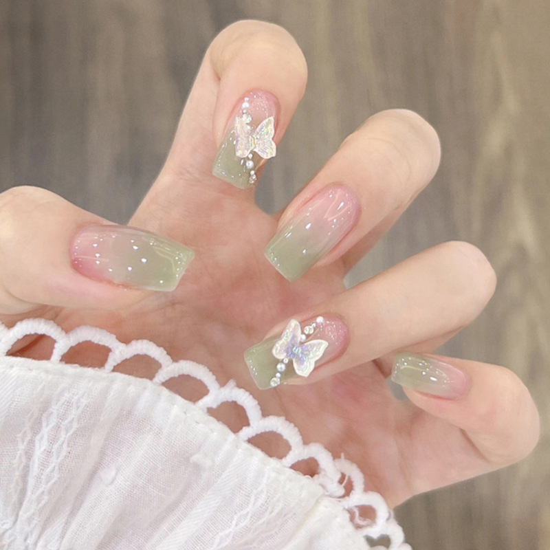 Pure desire to show white mid-length ice transparent green gradient Pearl wear nail piece acrylic Aurora Butterfly Nail patch