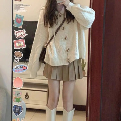 茶系穿搭一整套春秋搭配盐系高级感慵懒风毛衣开衫百褶裙两件套装