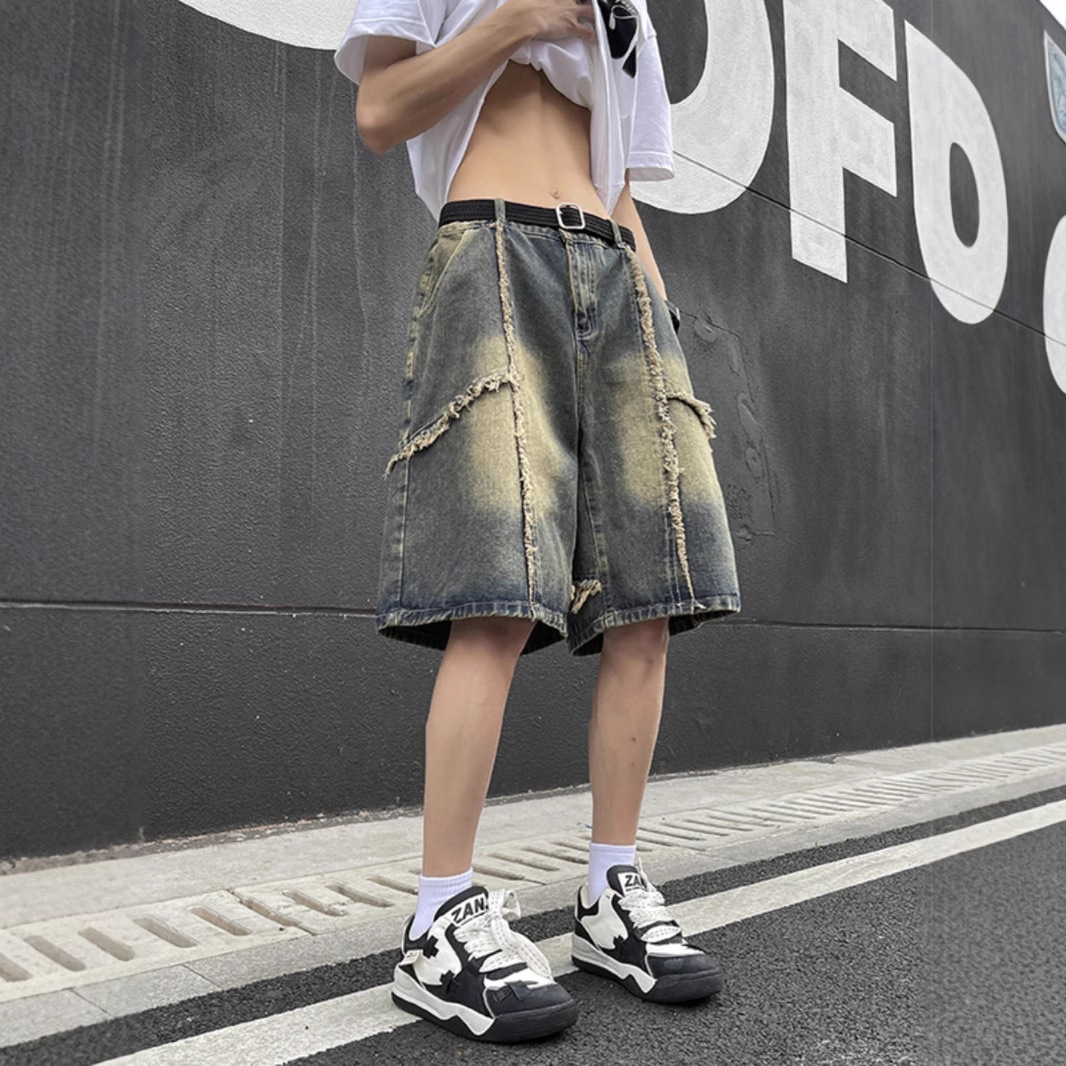 American Style Distressed Denim Shorts for Men 2025 Summer Youth High Street Loose Straight Five-Point Pants Dropshipping