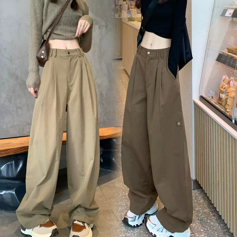 现货美式嘻哈工装裤女学生春季洗水棉复古高腰休闲运动阔腿裤长裤