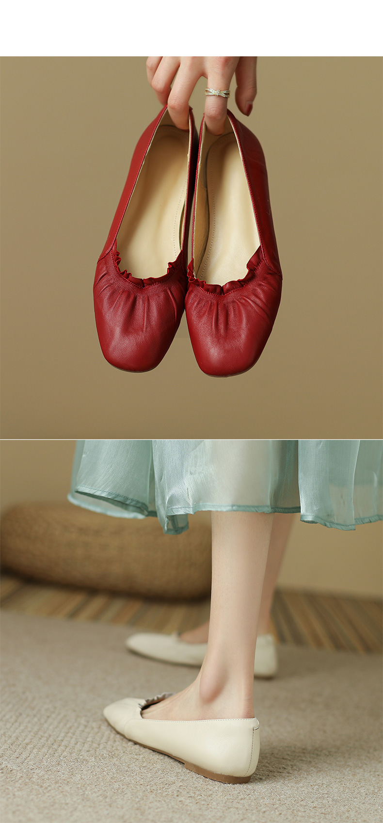 Giày ballet nữ đế bằng da bò mềm mũi tròn phong cách văn nghệ — Màu đỏ rượu chi tiết 11