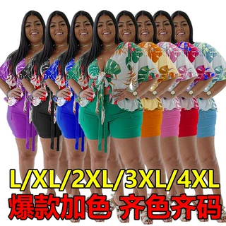 N7081亚马逊2021春秋爆款欧美跨境大码两件套印花休闲T恤短裤套装