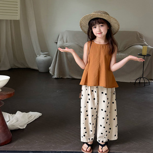 Aimo Beibei Girls' Fashionable Holiday Style Sleeveless Babydoll Top Kidsren's Comfortable Linen Cotton T-Shirt Splicing Vest